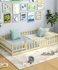 Totally Kid Approved Wooden Floor Bed With Secure Lockable Door And Heavy Duty Guardrails, low profile with soft mattress and cushions.