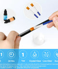 Close-up of All In One Fishing Pole Repair Kit With Epoxy Glue And Carbon Fiber Tips, brushes and epoxy shown for use.