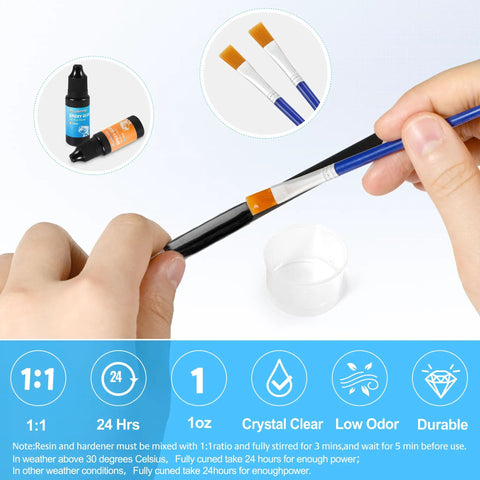 Close-up of All In One Fishing Pole Repair Kit With Epoxy Glue And Carbon Fiber Tips, brushes and epoxy shown for use.