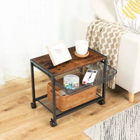 Under Desk Printer Stand With Wheels, Industrial Grade 2 Tier Printer Cart On Casters, Rustic Brown And Black Finish in living room