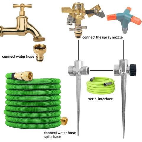 4 Pack 1/2 Inch Zinc Alloy Lawn Sprinkler Spike Bases With Water Flow Through Design and garden hose setup diagram