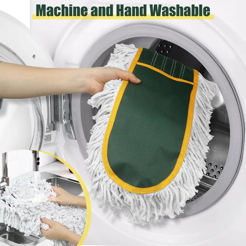 Heavy Hitting Commercial Cotton Dust Mop With Massive 39 Inch Sweeping Pad being placed in a washing machine for cleaning.