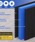 Cross-section view of heavy duty vibration isolator pads 4 by 4 by seven eighths inch with 3 eighth inch pre drill hole and rubber layers.