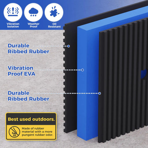 Cross-section view of heavy duty vibration isolator pads 4 by 4 by seven eighths inch with 3 eighth inch pre drill hole and rubber layers.