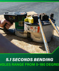 Portable Rebar Bender And Cutter With 8 Amp Pro Motor in use bending Grade 60 rebar up to 180 degrees on a workbench.