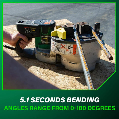 Portable Rebar Bender And Cutter With 8 Amp Pro Motor in use bending Grade 60 rebar up to 180 degrees on a workbench.