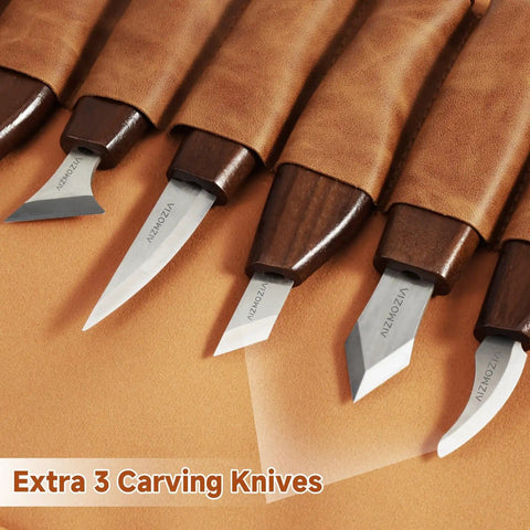 Close-up of 3 extra carving knives from Wood Carving Kit 17Pcs With Whittling Knives And Detail Carving Tools For Beginners And Adults.