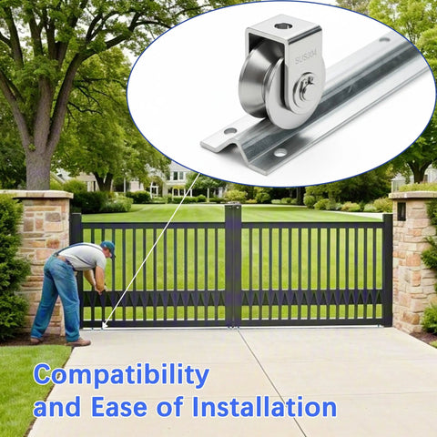 Man installing 24 Ft Galvanized V Track for 1 In V Groove Gate Rollers Beefy Heavy Duty Driveway Gate Track on sliding gate.
