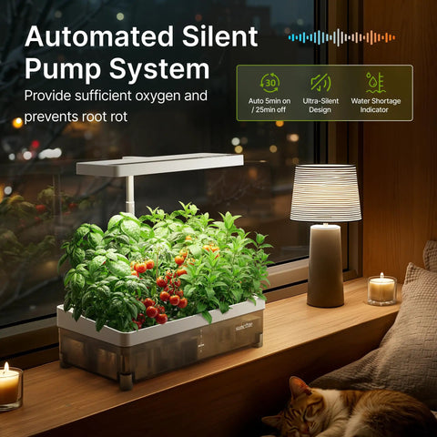 Indoor Hydroponics Growing System Kit With 13 Pods Dimmable Grow Light Four Liter Visible Water Tank Adjustable Height Up To Twelve Point Eight Inches Digital Timer And Water Nutrient Reminder No Fuss Gift For Gardeners on a windowsill