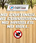 Wood fence with company logo and text promoting corrosion-resistant fasteners.