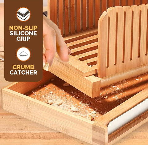 Dope Adjustable Bamboo Bread Slicer With Foldable Slicing Guide And Crumb Tray showing non-slip grip and crumb catcher feature.