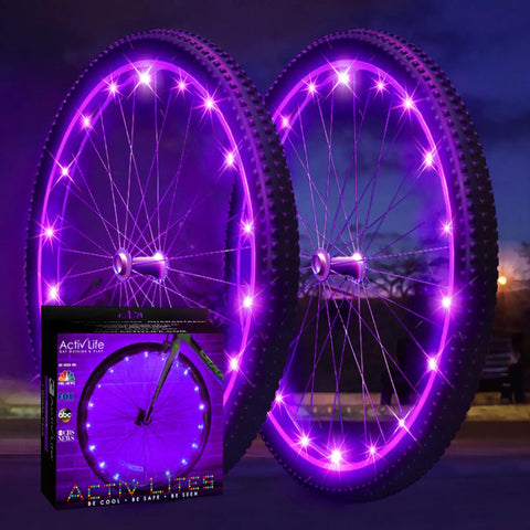 Two Tire Pack LED Bike Wheel Lights With Batteries Included For 100 Percent Brighter Visibility From All Angles in Purple