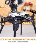 Universal Miter Saw Stand With Grid Tabletop For Accurate Cuts, 300 Pound Load Capacity, shown in workshop setup