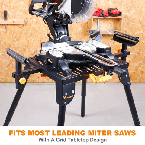 Universal Miter Saw Stand With Grid Tabletop For Accurate Cuts, 300 Pound Load Capacity, shown in workshop setup