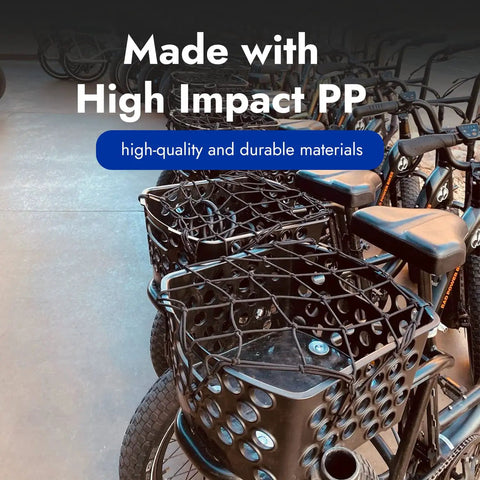 Rack Ready Universal E Bike Basket Easy On Off Fits Any Rack Including Electric Bikes With Rear Batteries No Fuss Heavy Duty Molded PP 14 By 12 By 7 Inches 850 Cubic Inches 25 Pound Capacity Lightweight 2 Pound Basket