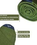Fabric Sock For Nine Foot Six Longboard With Rounded Nose In Treetop Green Surfboard Cover, rolled view, material details