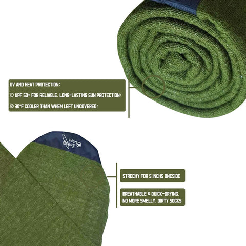 Fabric Sock For Nine Foot Six Longboard With Rounded Nose In Treetop Green Surfboard Cover, rolled view, material details