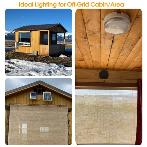 Solar Ceiling Light With Remote Control, Dimmable Daylight To Warm White, 1000 Lumen Outdoor Solar Shed Light shown installed in cabin and barn setting.