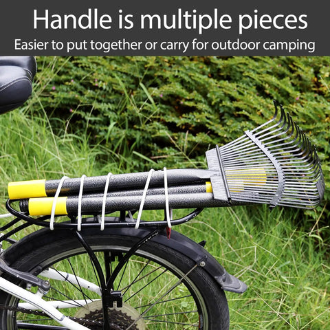 Heavy Duty Leaf Rake With An 18 Inch Wide Metal Head And 25 Tines Extendable 30 To 61 Inch Long Handle Rustproof Skidproof Yard Rake on bike