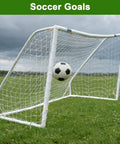 Soccer ball in motion hitting a white goal net against a grassy field.