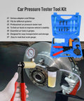 Universal Brake Bleeder Kit With Handheld Vacuum Pump And Full Adapter Tray Shop Approved Tool in use with gauge on brake system.