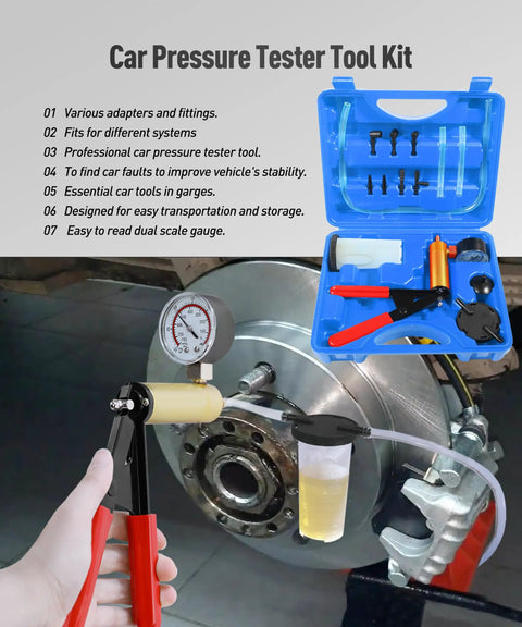 Universal Brake Bleeder Kit With Handheld Vacuum Pump And Full Adapter Tray Shop Approved Tool in use with gauge on brake system.