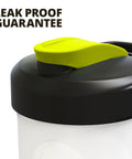Close-up of the Dual Mixing Protein Shaker Bottle 28 Oz With Ball Mixer And Grid in yellow lid showing leak-proof guarantee.