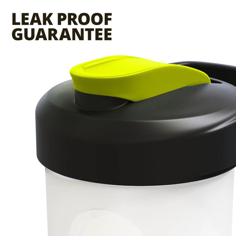 Close-up of the Dual Mixing Protein Shaker Bottle 28 Oz With Ball Mixer And Grid in yellow lid showing leak-proof guarantee.