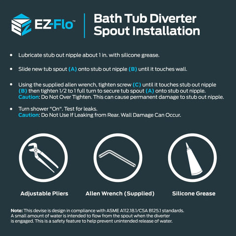 Slide On Chrome Bath Tub Diverter Spout With Zinc Body For Easy Slip On Installation 5-3/8 Inch Length Universal 1/2 Inch Copper Pipe Fit Includes Hex Wrench And Set Screw For Quick Replacement installation guide infographic with tools and caution notes.