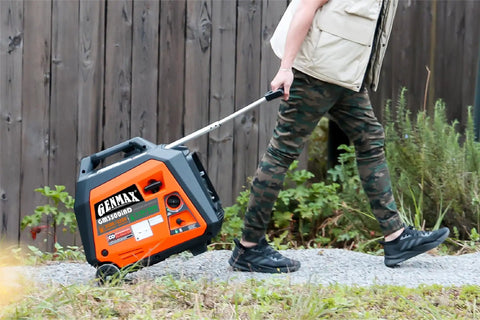 Person pulling a Dual Fuel Portable Generator With 3500W Peak And 3200W Rated Gas Or 3100W Peak Propane on a walkway