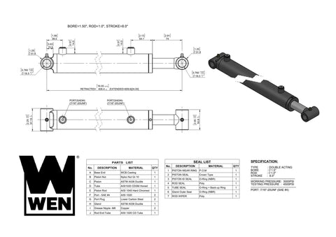 Cross Tube Hydraulic Cylinder 1.5 Inch Bore 8 Inch Stroke Heavy Duty Double Acting Steel Welded 1 Inch Rod Diameter 3000 PSI SAE 4 Port 7/16-20UNF Retracted 16 Inches Extends To 24 Inches Chrome Rod