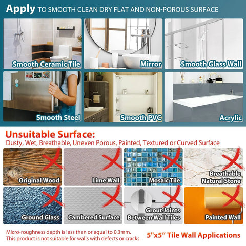 Visual guide showing surfaces suitable for Two Pack Suction Grab Bars For Shower And Bath Removable Heavy Duty Waterproof application.