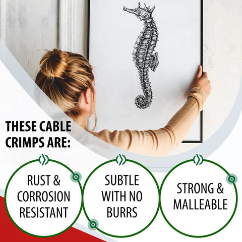 Person installing seahorse picture on wall with text about Aluminum Crimping Sleeves Set One Thirty Second Inch Double Barrel Cable Crimps Wire Ferrules For Rope Ends 200 Pack Rugged Heavy Duty Rust Resistant Easy Install Secure Wire Rope Connectors