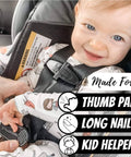 Car Seat Buckle Release Tool For Easy Unbuckling On 5 Point Harnesses, Thumb Pain Relief And Nail Saver in use with infant in car seat.