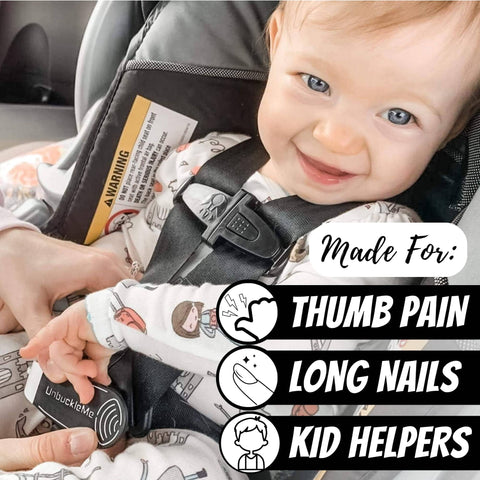 Car Seat Buckle Release Tool For Easy Unbuckling On 5 Point Harnesses, Thumb Pain Relief And Nail Saver in use with infant in car seat.