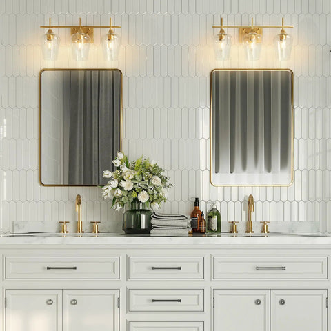 Three Light Vanity Light With Clear Glass Shades In Modern Gold Finish For Bathroom Over Mirror Contemporary Wall Lamp