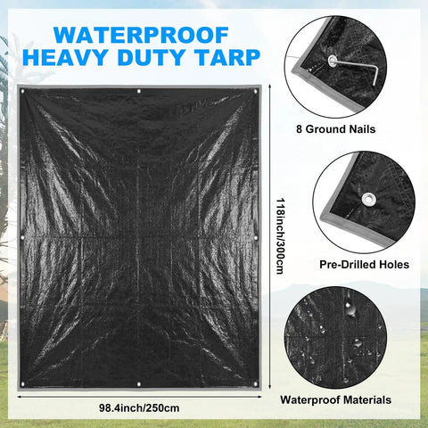 Grab And Go All In One 11 Piece Camping Gear Set For One To Two People Including Tent Sleeping Bag Stainless Steel Mess Kit Waterproof Tarp And More For Backpacking Road Trips Beach Backyard Fun And Family Campouts - Image of a heavy duty waterproof tarp with pre-drilled holes and ground nails, size 98.4x118 inches.