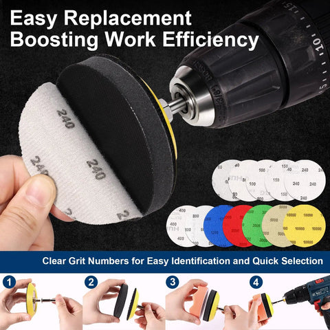 All In One 199 Piece 3 Inch Wet And Dry Sanding Disc Kit with backer plate, sanding discs, and drill attachment.