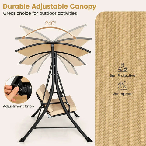 240° adjustable canopy of 3-Seat Outdoor Porch Swing With Adjustable Canopy And Weatherproof Cover, shown with adjustment knob close-up