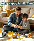 Father and son playing with Three Piece Remote Control Construction Set With 1:64 Excavator, Dump Truck, and Forklift on play mat.