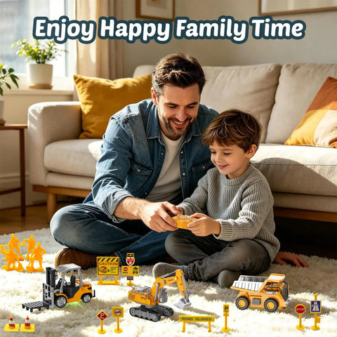 Father and son playing with Three Piece Remote Control Construction Set With 1:64 Excavator, Dump Truck, and Forklift on play mat.