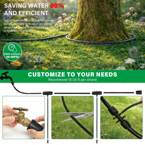 Drip Irrigation System With 100 Ft Quarter Inch Soaker Hose And 10 Ft Half Inch Tubing For Raised Beds, Veggies, Lawn, And Greenhouse, Eighty Percent Water Savings, Weeping Tech For Deeper Root Watering, Garden Kit showcasing hose setup.