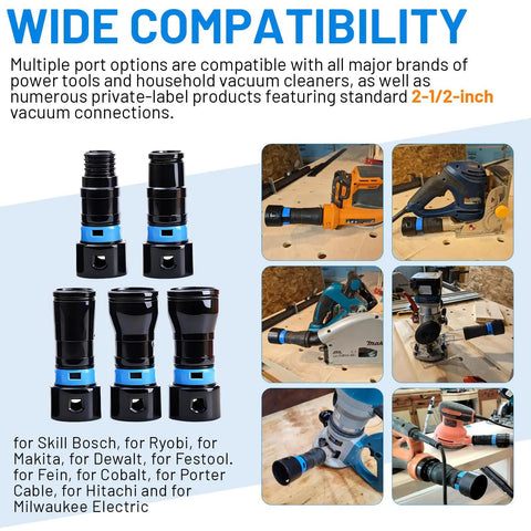 Sixteen Foot Vacuum Hose Extension Kit With Six Adapters for various power tools and vacuums, showcasing wide compatibility.