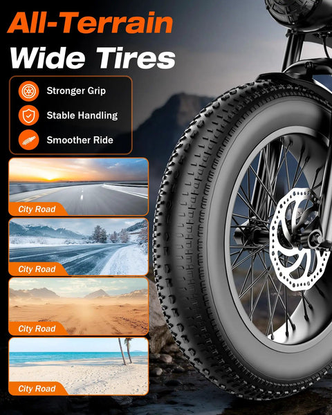 All Terrain Fat Tire Electric Bike For Adults With 2500W Peak Motor close up of wide 20 inch fat tire on varied terrain