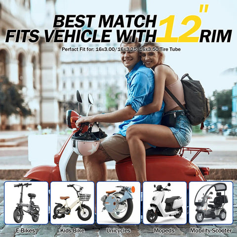 Two Pack 16x3.0 Inner Tubes With 90 Degree Angled Valve shown with compatible bikes and scooters against urban backdrop