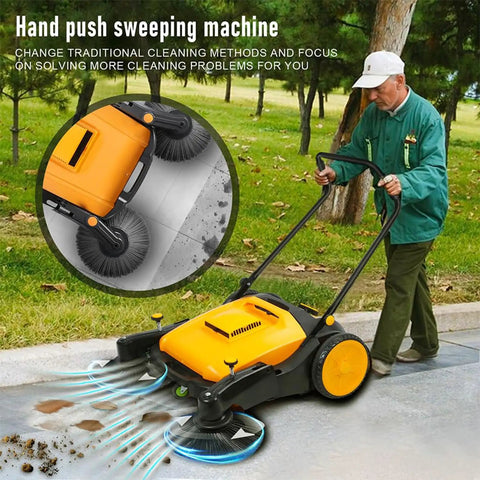 UILMLIO 38 Inch Manual Floor Sweeper With 12 Gallon Waste Container. Effortless Noise-Free Push Broom For Indoor Outdoor Use. High Cap Efficiency For Homes Garages And Commercial Spaces.