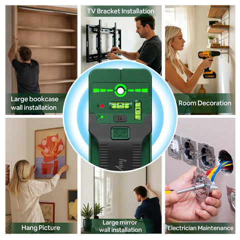 6 In 1 Stud Finder Wall Scanner With Cross Line Laser Detect Wood Studs And Live AC Wires Dual Bubble Levels Built In Ruler For Handy DIY Home Improvement Projects. Use in bookcase, TV, mirror, picture, and wiring installs.