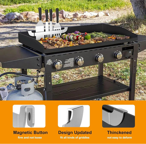 Magnetic Design 10 Inch Griddle Spatula Holder Stainless Steel Tool Rack for flat top grills, shown holding spatulas outdoors.