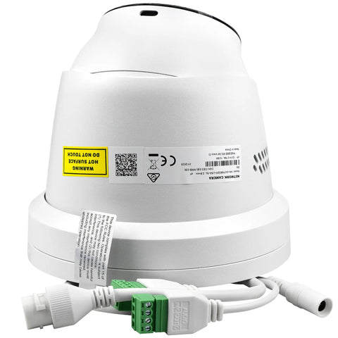 Back view of 4MP Full-Color Night Vision PoE Turret Camera With 4mm Lens showing connection ports and warning labels.