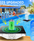 2025 upgraded high-efficiency solar panel for pool pond fountain with illustrative graphics and sunlight charging display